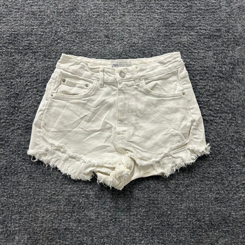 Zara Shorts Womens Size 2 White Denim High Waisted Frayed Hem Casual Distressed